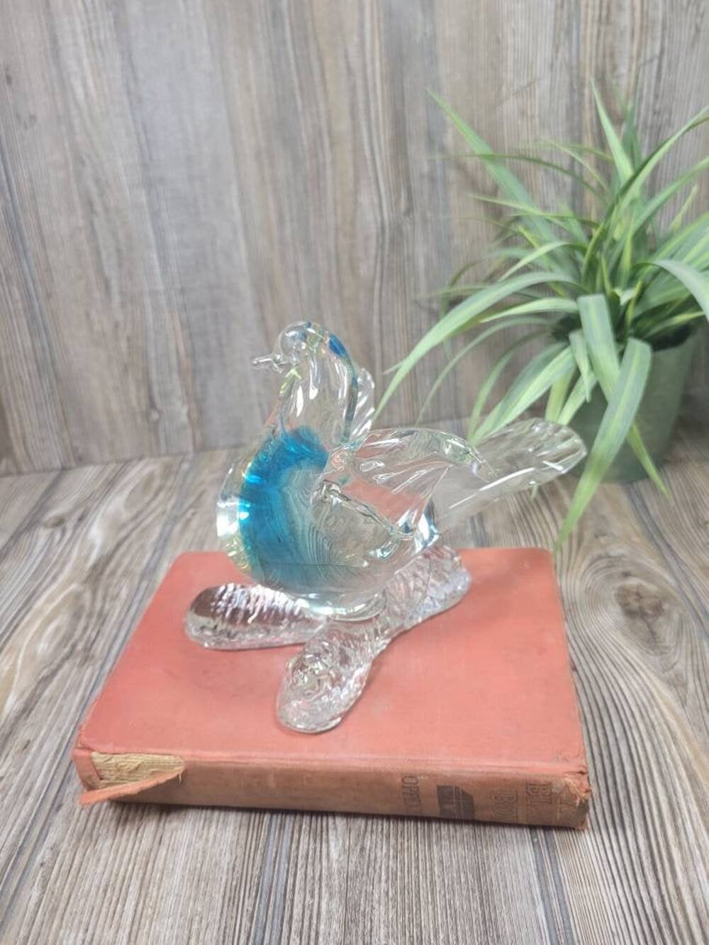 Vintage Murano Style Art Glass Bird Figurine, Blue Cased Clear Dove on Branch
